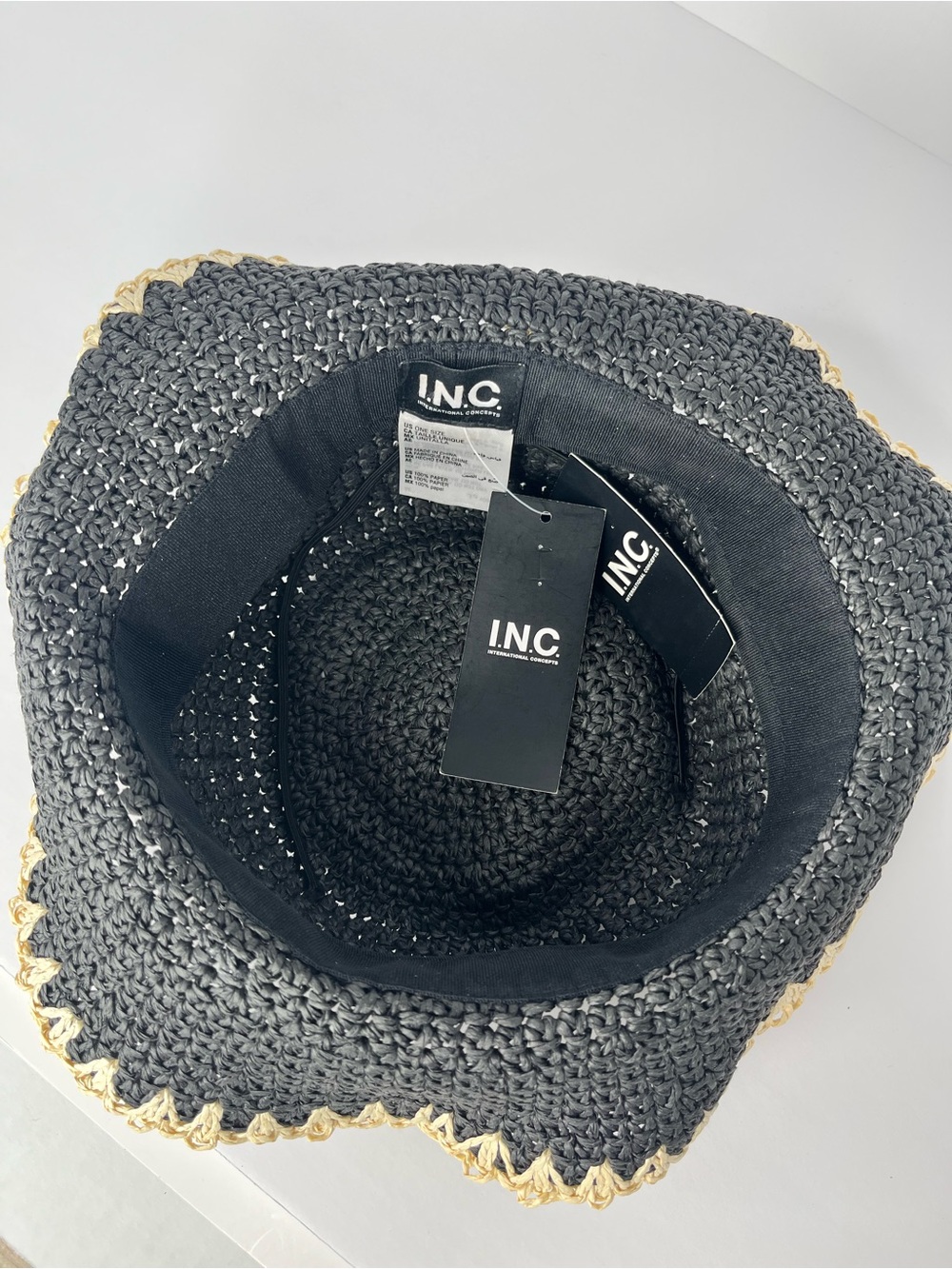 INC International Concepts Black Crochet Bucket Hat with Natural Trim - Picture 7 of 8